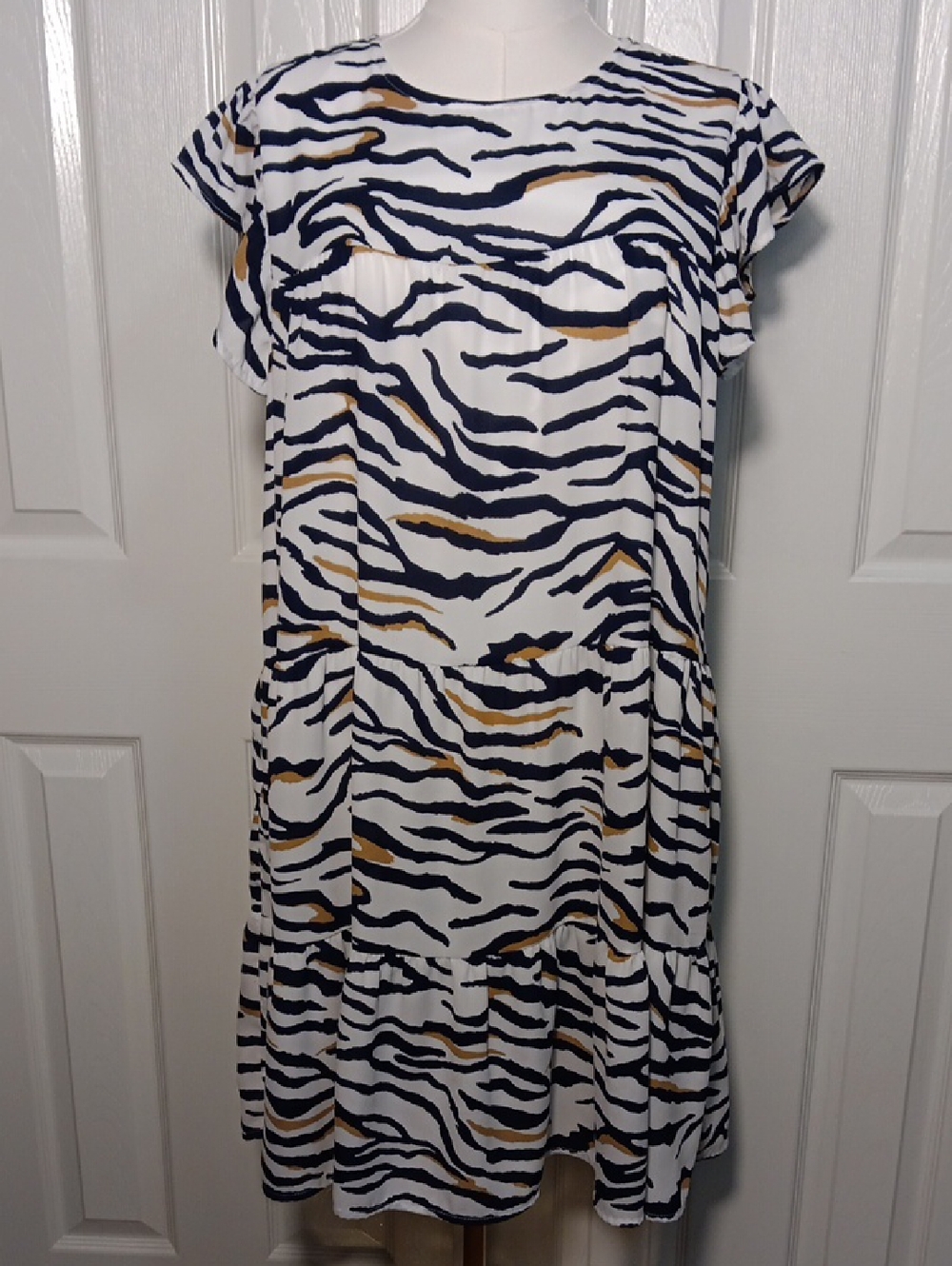 Peach Love California White Mini Dress with Navy & Tan Zebra Stripes